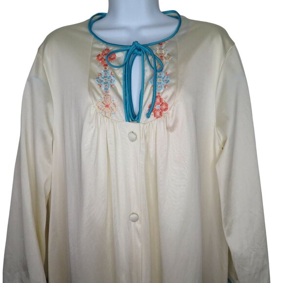 Vintage 70s Peignoir Set Full Length Nylon Nightgown Robe L Embroidery Blue Trim - Picture 15 of 16